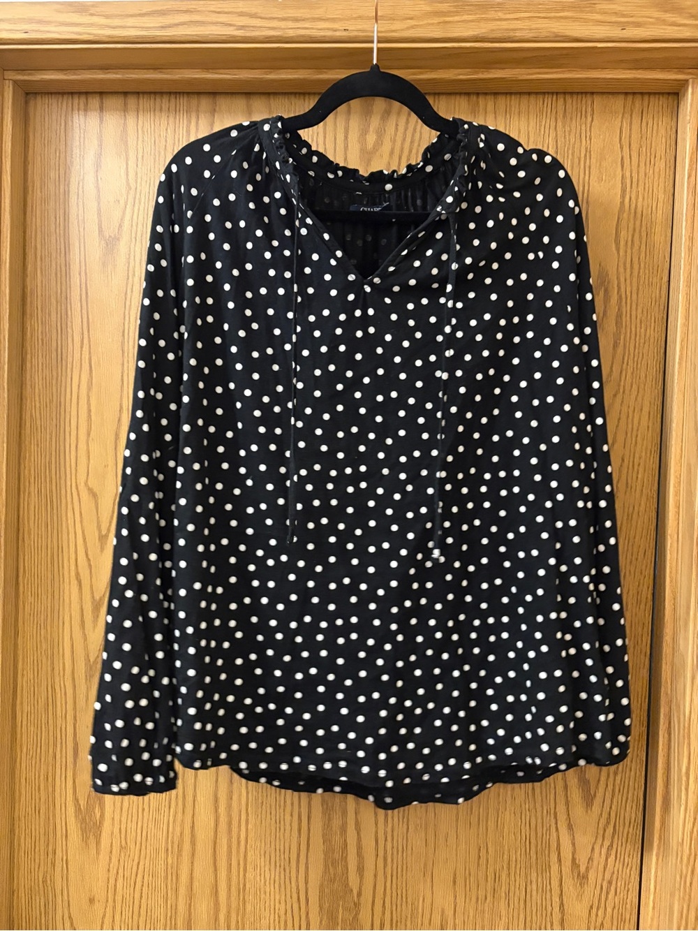 Chaps Black and White Polka Dot Long-Sleeve Blouse with Tie Neck